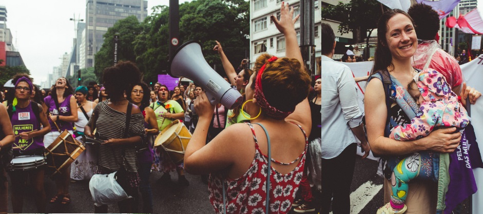 Mosaico com duas fotos coloridas de manifestação de 8 de março