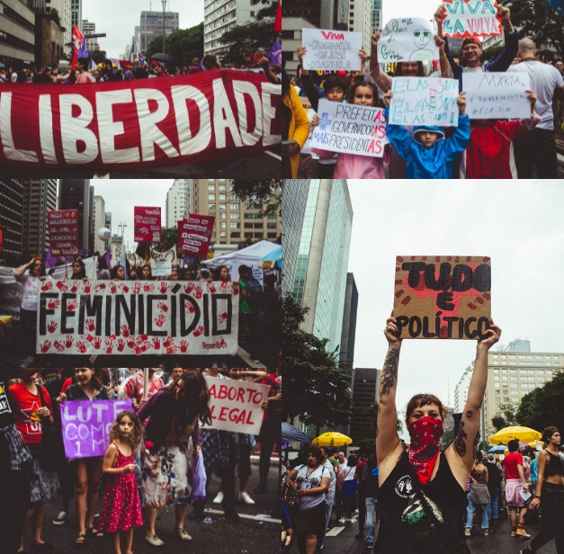 Mosaico com quatro fotos coloridas de manifestação de 8 de março