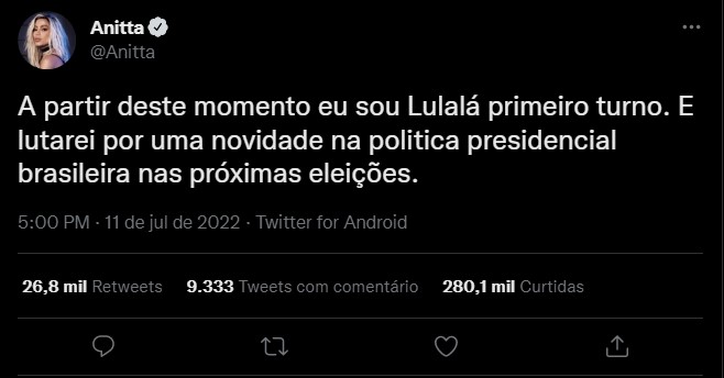 Twett publicado por Anitta, em 11 de julho, onde ela declara seu apoio ao candidato Lula.