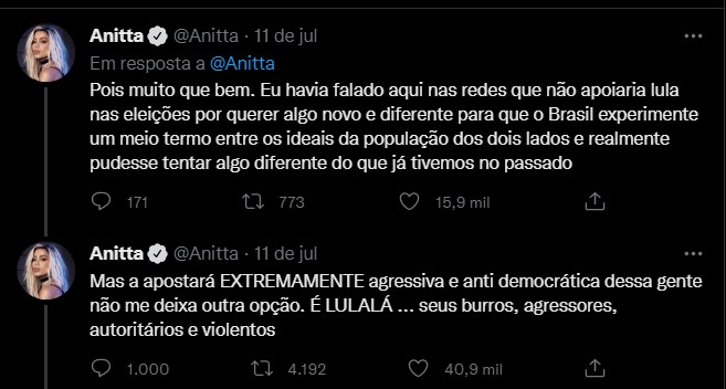 Twett publicado por Anitta, em 11 de julho, onde ela explica a sua decisão de apoiar publicamente o candidato Lula.