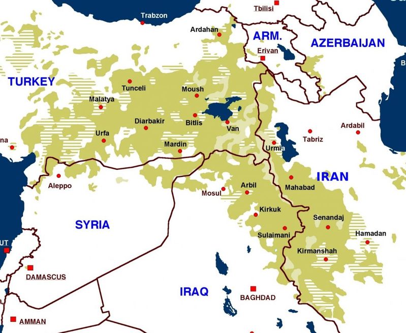 Mapa da região do Curdistão em destaque (Foto: outraspalavras.net)