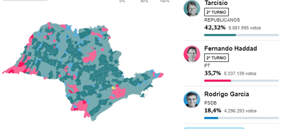 Mapa de resultados de São Paulo no primeiro turno, via: O Globo