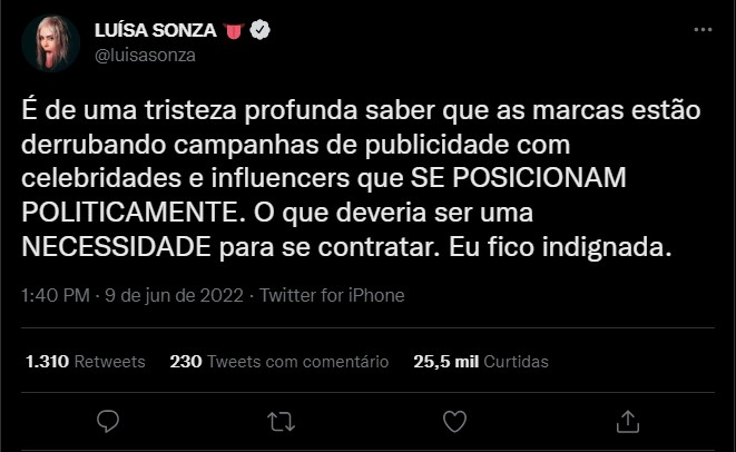 Tweet publicado por Luísa Sonza, em 9 de Junho, onde ela revela o boicote de marcas contra artistas que se posicionam politicamente.